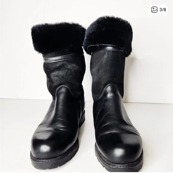 La Canadienne Kosmo Black Leather Suede Fur Shearling Foldover Boots Size 9 - Picture 2 of 5